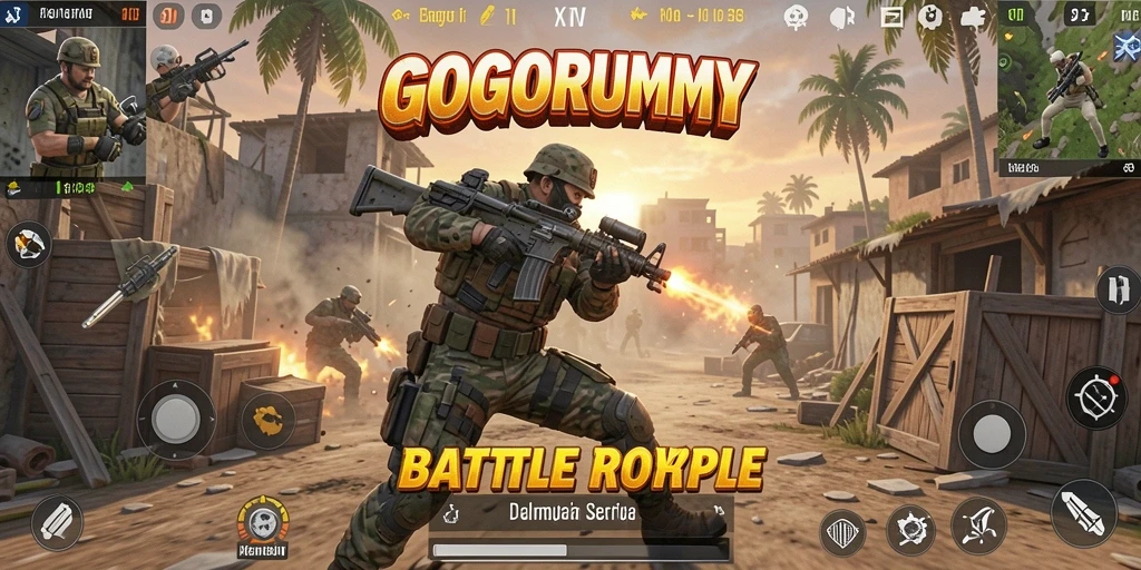 Screenshot gameplay GOGORUMMY menunjukkan pertarungan intens di arena Battle Royale.