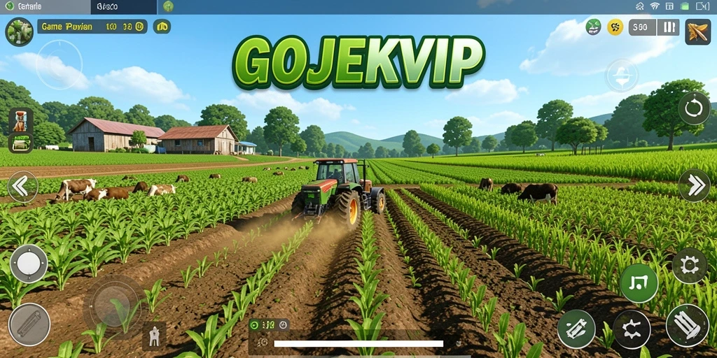 Screenshot tampilan gameplay GOJEKVIP yang menampilkan aktivitas pertanian.