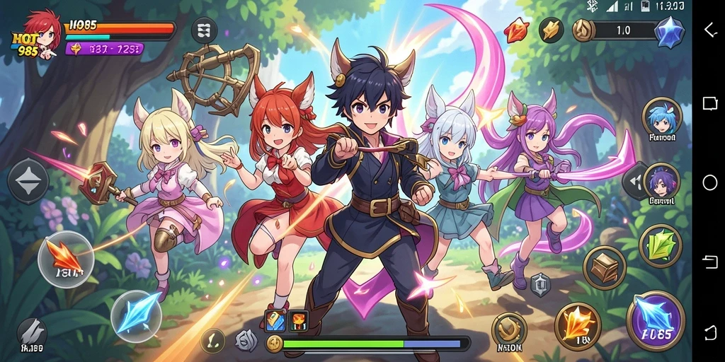 Gambaran gameplay seru dalam HOT985 menampilkan karakter anime yang ikonik.