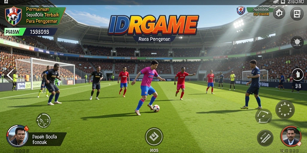 Screenshot utama IDRGAME menampilkan aksi antar pemain di lapangan sepak bola.