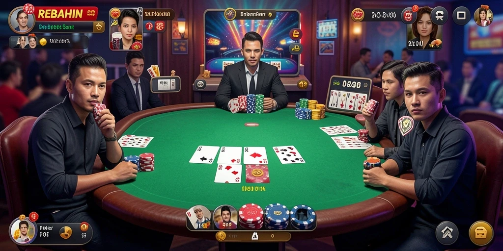 Tampilan gameplay seru di REBAHIN, bermain Poker dengan teman.